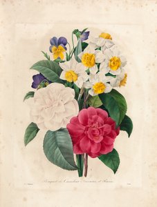 Bouquet aus Kamelien, Narzissen und Stiefmütterchen, graviert von Victor, aus 